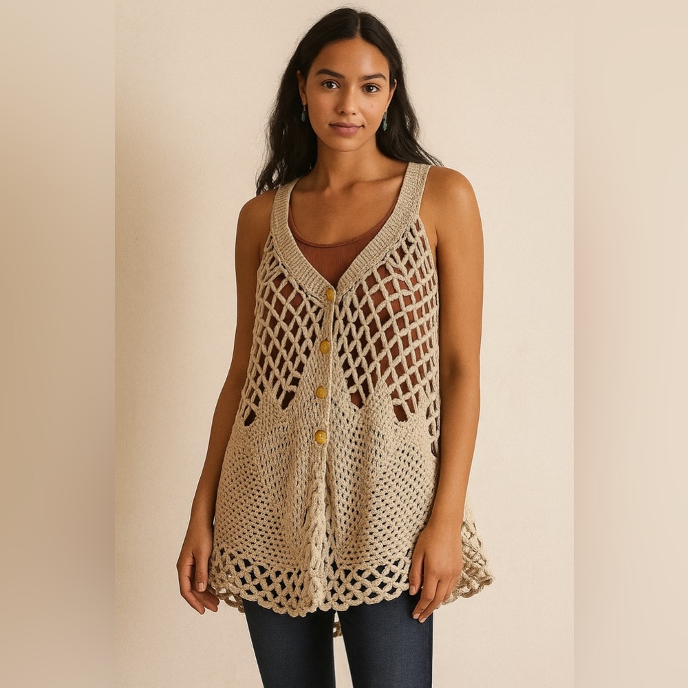 Free People Beige Open-Knit Button Front Vest